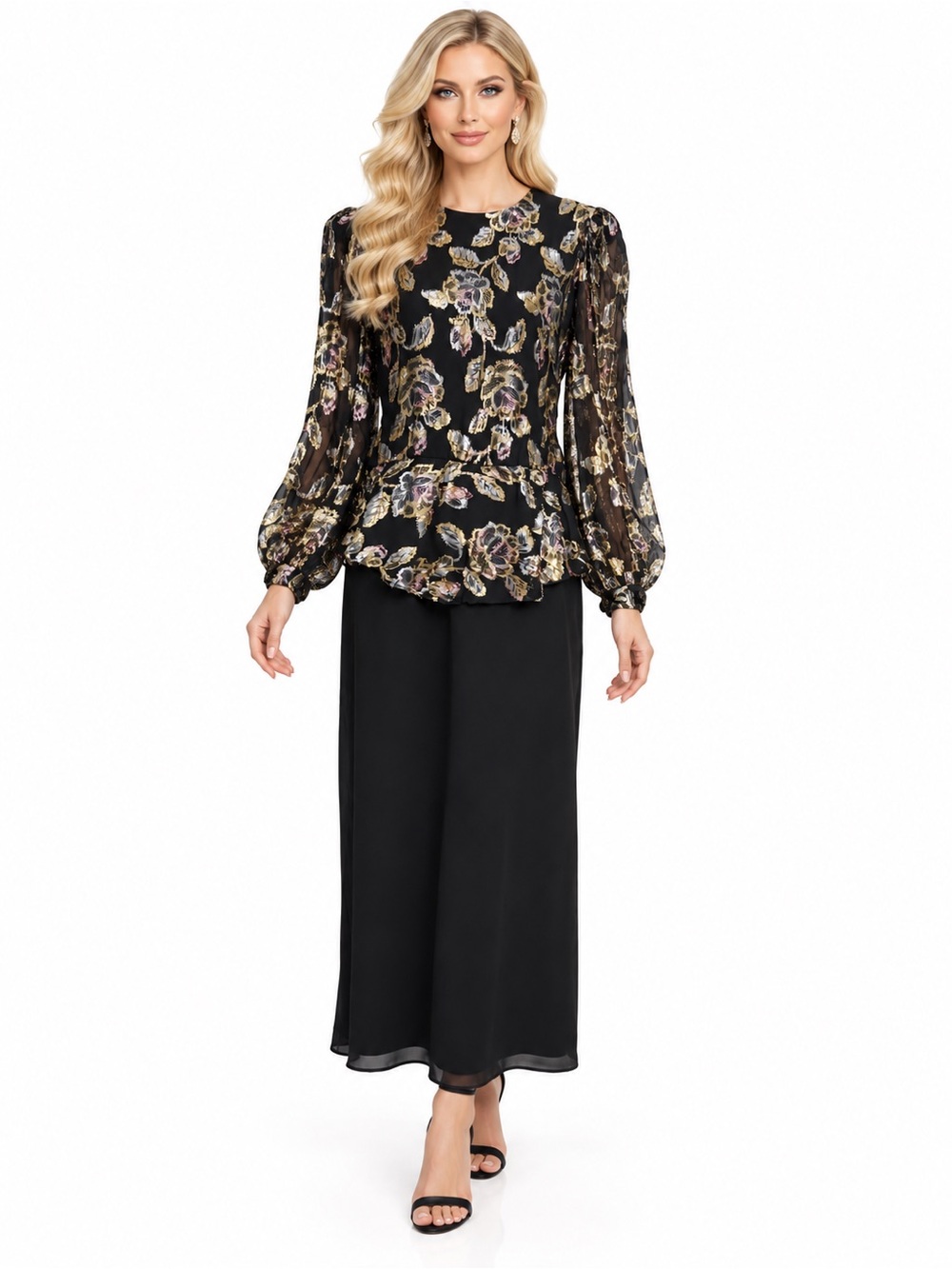 Patra Size 13/14 Black Gold Metallic Floral Peplum Long Sleeve Formal Dress